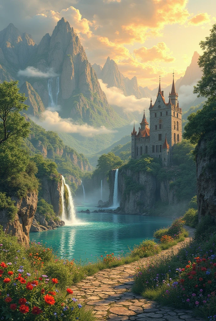 A breathtaking, high-resolution medieval fantasy landscape at golden hour — floating mountains with lush greenery, waterfalls cascading into glowing crystal lakes, an ancient stone castle in ruins, overgrown with ivy and surrounded by vibrant wildflowers, soft mist drifting across cobblestone paths, warm sunlight piercing enchanted golden clouds, hyper-detailed, cinematic, magical atmosphere, dreamy fantasy art in an anime-inspired style