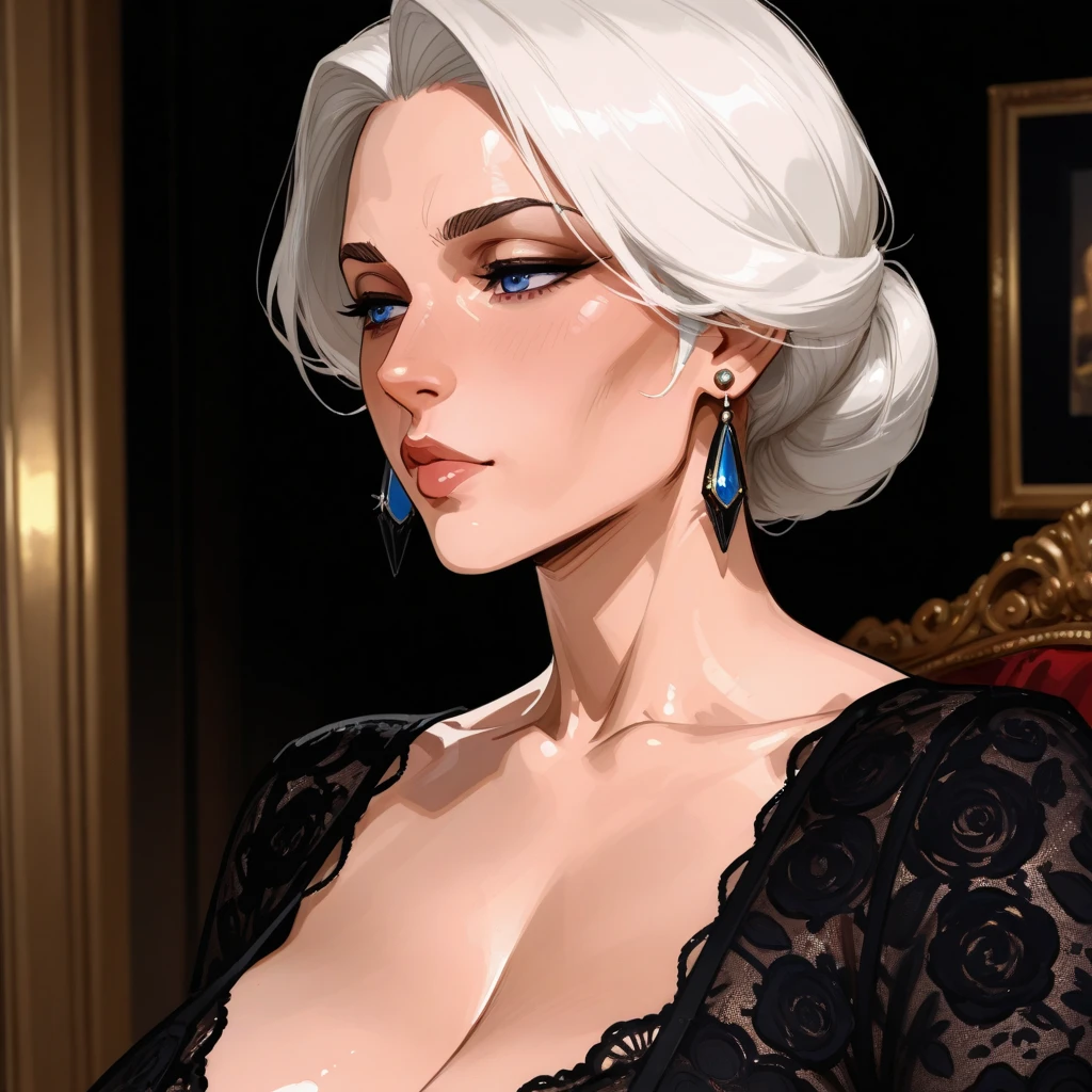 portrait of a 64 woman with gray hair, seductive gaze, brown eyes, some wrinkles on her face, she is wearing a very sexy black evening dress that reveals a small sagging breast, 8k