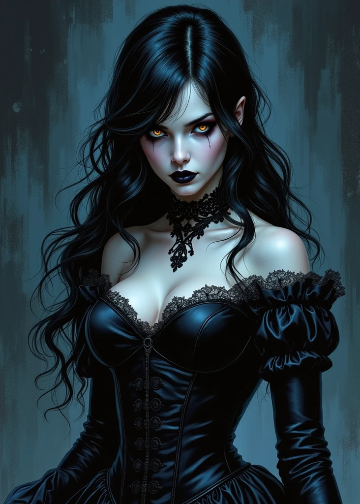 a close-up of a woman in a black dress holding a scythe, artistic style tom bagshaw, gothic fantasy art, gothic art style, gothic art, tom bagshaw&#39;s artistic style, artgerm e tom bagshaw, gothic maiden,  earley, tom bagshaw style, Beautiful Necromancer, Not Anne Stokes style, goth girl