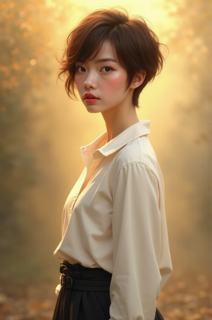Realistic, beautiful woman pixie layered cut brown hair, wearing white shirt and black pants, light smokey yellow on the background 