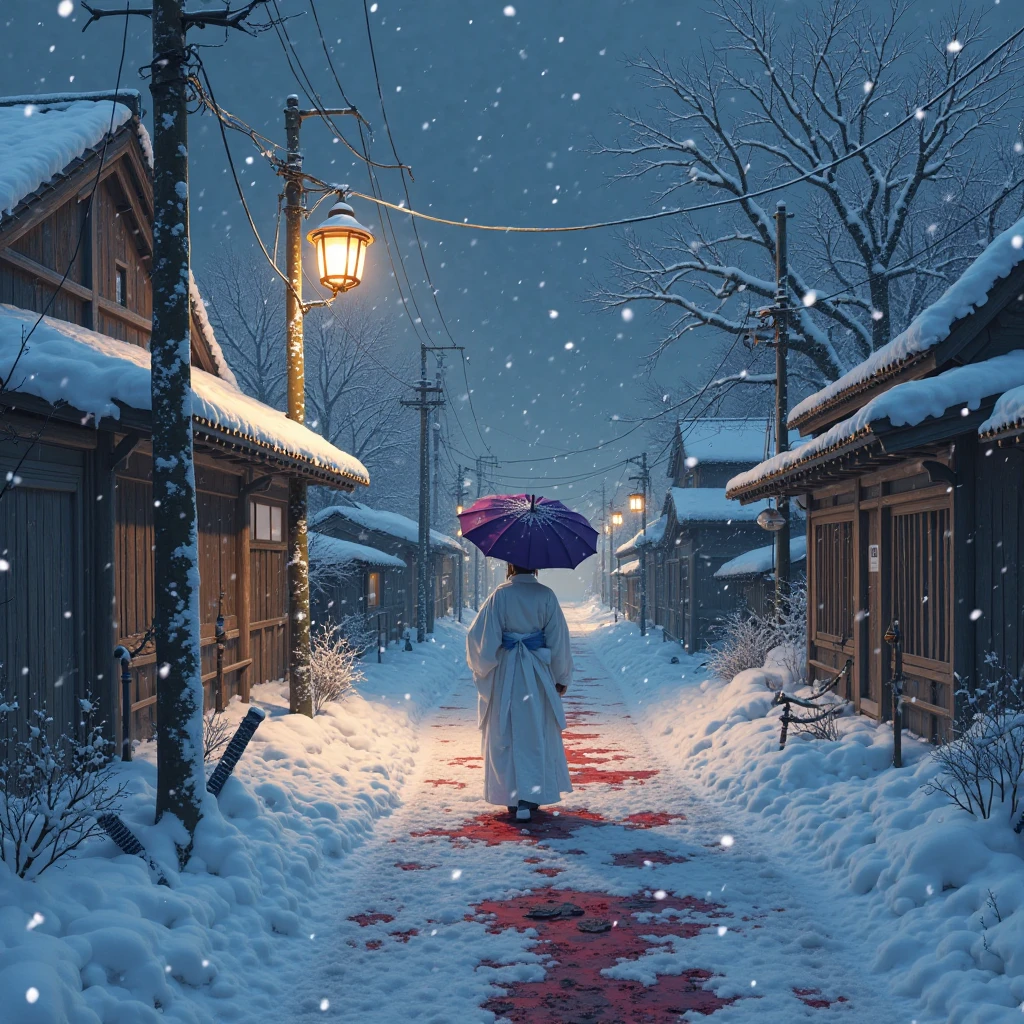 "Snow-covered Japanese street at night, lit by an old lamppost. Heavy snow falls from the dark sky. A lone figure in a traditional white kimono and holding a purple umbrella walks down the path. Blood is splattered across the snow, staining it crimson from a recent violent samurai battle. Swords and broken armor are half-buried in the snowdrifts. Dark, atmospheric, cinematic composition, with strong contrasts between the pure white snow and vivid red blood. Realistic style, inspired by classic samurai films, moody and haunting."