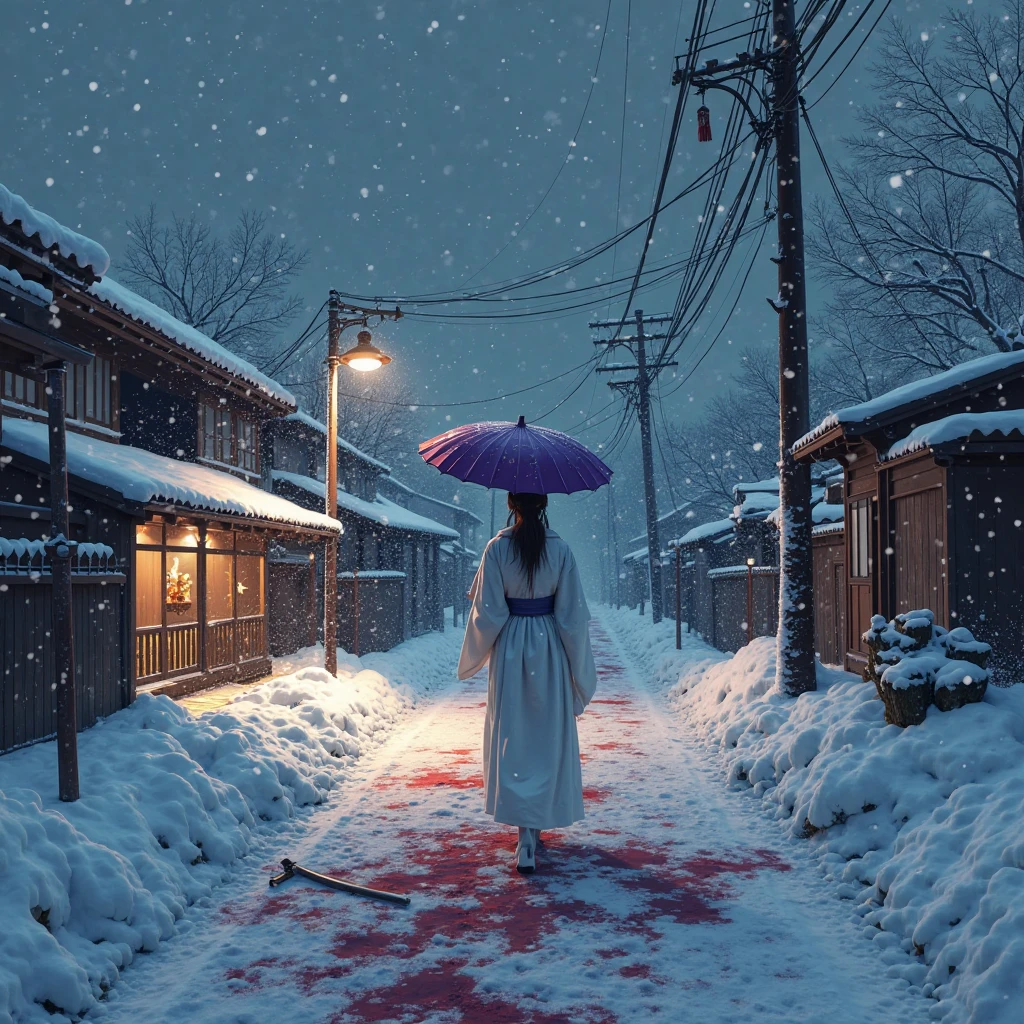 "Snow-covered Japanese street at night, lit by an old lamppost. Heavy snow falls from the dark sky. A lone figure in a traditional white kimono and holding a purple umbrella walks down the path. Blood is splattered across the snow, staining it crimson from a recent violent samurai battle. Swords and broken armor are half-buried in the snowdrifts. Dark, atmospheric, cinematic composition, with strong contrasts between the pure white snow and vivid red blood. Realistic style, inspired by classic samurai films, moody and haunting."