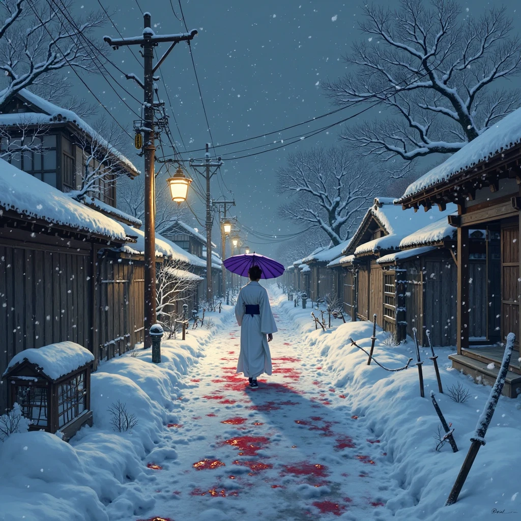 70s grindhouse, Snow-covered Japanese street at night, lit by an old lamppost. Heavy snow falls from the dark sky. A lone figure in a traditional white kimono and holding a purple umbrella walks down the path. Blood is splattered across the snow, staining it crimson from a recent violent samurai battle. Dead bodies and broken armor are half-buried in the snowdrifts. Dark, atmospheric, cinematic composition, with strong contrasts between the pure white snow and vivid red blood. Realistic style, inspired by classic samurai films, moody and haunting