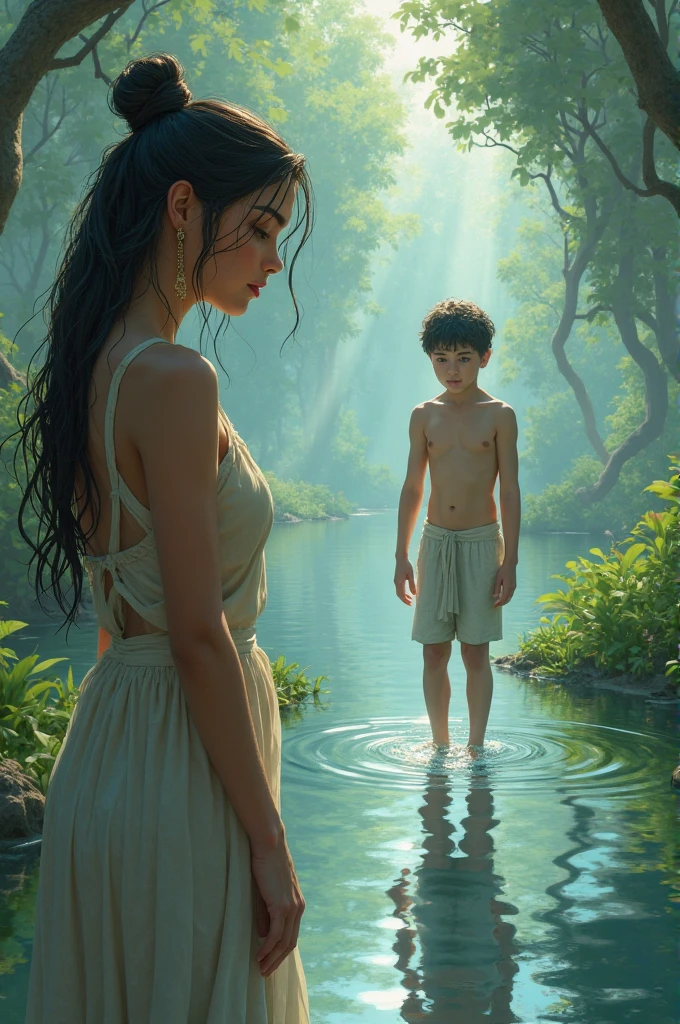 After washing her hands and feet in the pond, Puri looked into the pond and saw a boy walking over the pond.