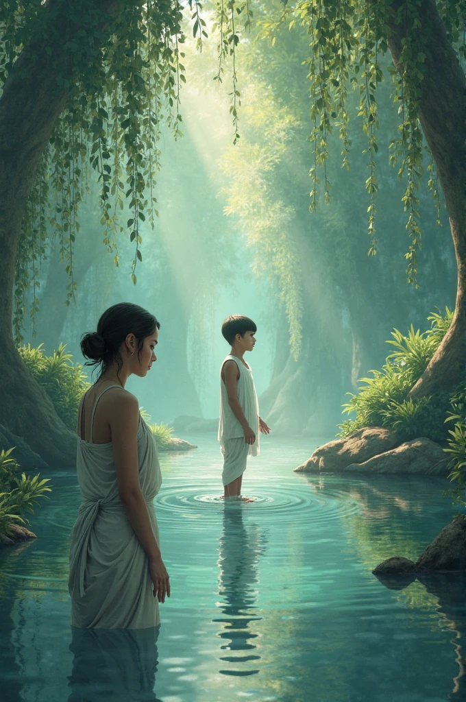 After washing her hands and feet in the pond, Puri looked into the pond and saw a boy walking over the pond.