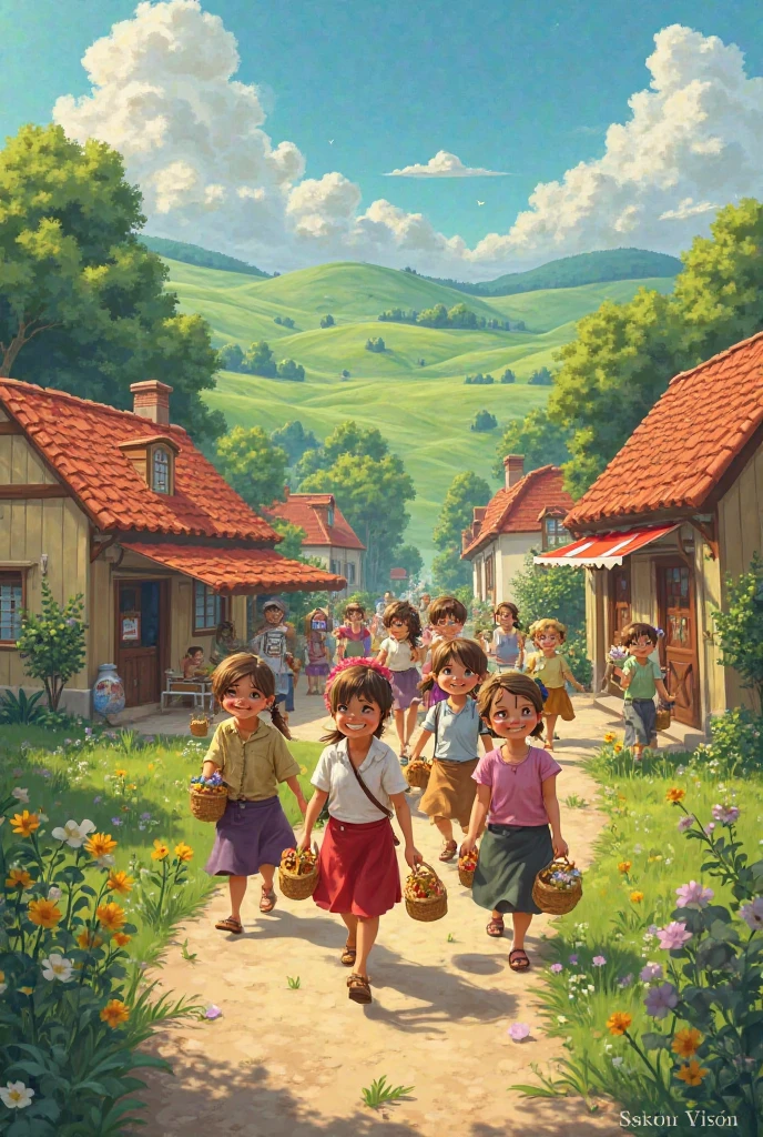 People from another village walking with baskets and smiling, heading towards Jekina's cake shop, cartoon style with hilly background