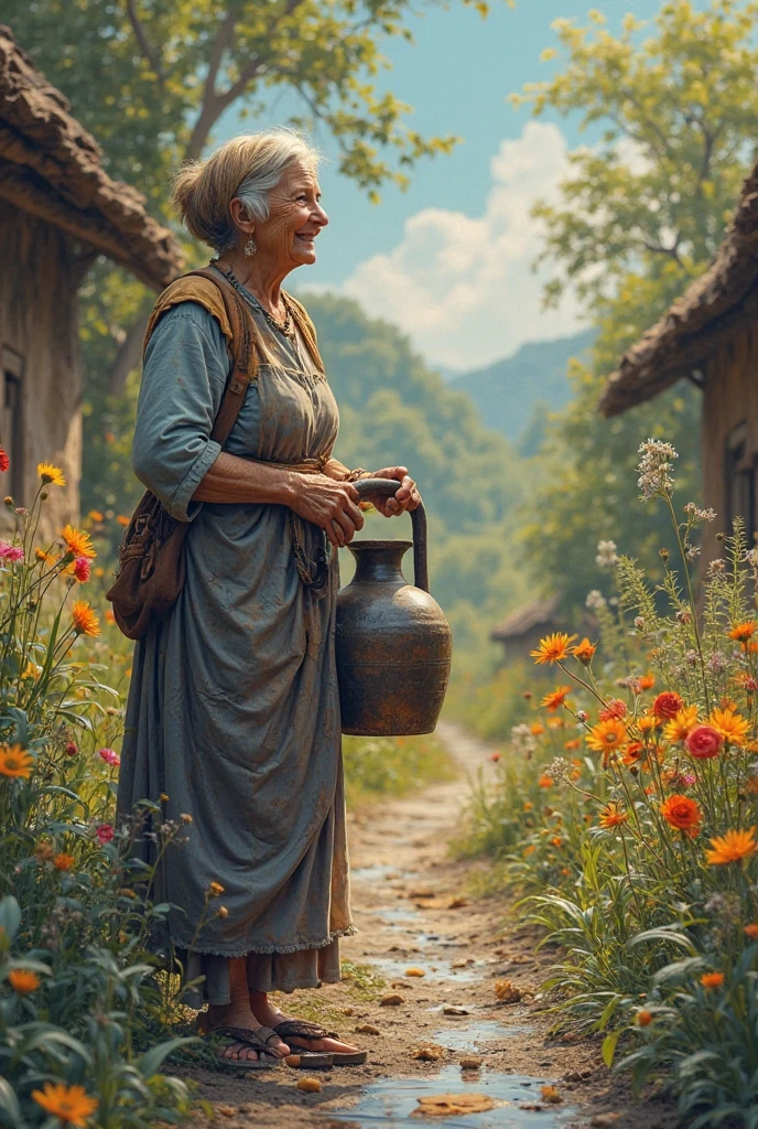 In a small village, there lived an old woman who had nothing special—just an old jug and a cheerful, smiling nature.
Every morning, she would take her jug and go to fill water from the well. There was a crack in her jug, through which half the water would flow out on the way, and she would return with an empty jug.
People would make fun of her:
"But! The jug is broken, what is the use of it?"
The old woman laughed, and said nothing.
Months passed. One day, a girl from the village saw colorful flowers blooming on the side of the road and asked:
"How did these flowers grow here?"
The old woman smiled and said:
"These flowers grew from the water that flowed from my broken jug every day. Little by little, every day, and with time, the flowers started blooming."