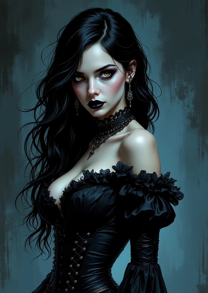 A fierce and edgy woman stands before you, dressed in a black dress with intricate lace and playful ruffles. She holds a guitar in her hands, ready to unleash her musical talents. Her striking makeup and dark hair add to her rebellious aura.