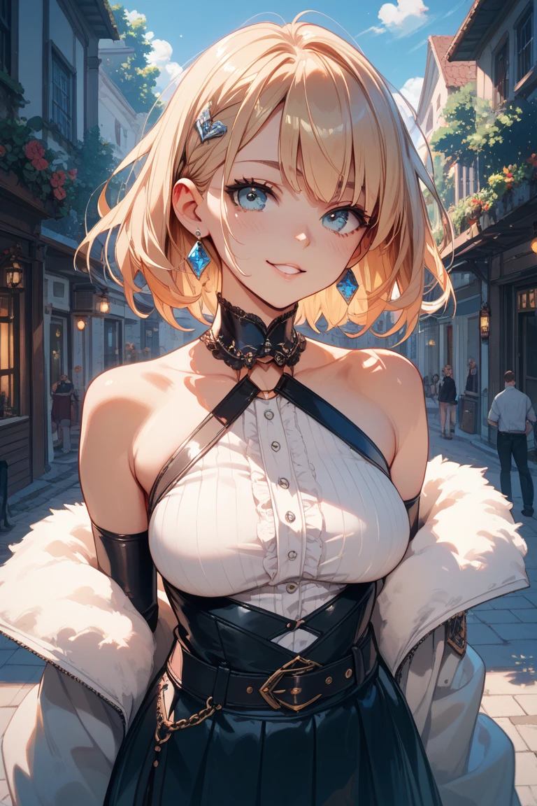 masterpiece, absurdres, best quality, ultra detailed, high Resolution, detailed illustration, extremely beautiful detailed face and eyes, Delicate beautiful face, bright colour, 1girl, cute face, magenta eyes, sparkling eyes, big eyes, medium breasts, (perky breasts:1.1), (pointy breasts:1.1), medium hips, glamorous body, white skin, happy, BREAK, long bob cut, (blonde hair:0.8), messy hair, detailed hair, shiny hair, BREAK Maxi sweater, Pai slash, tiny ribbon, park, real world, natural lights, perfect lighting, outdoor,