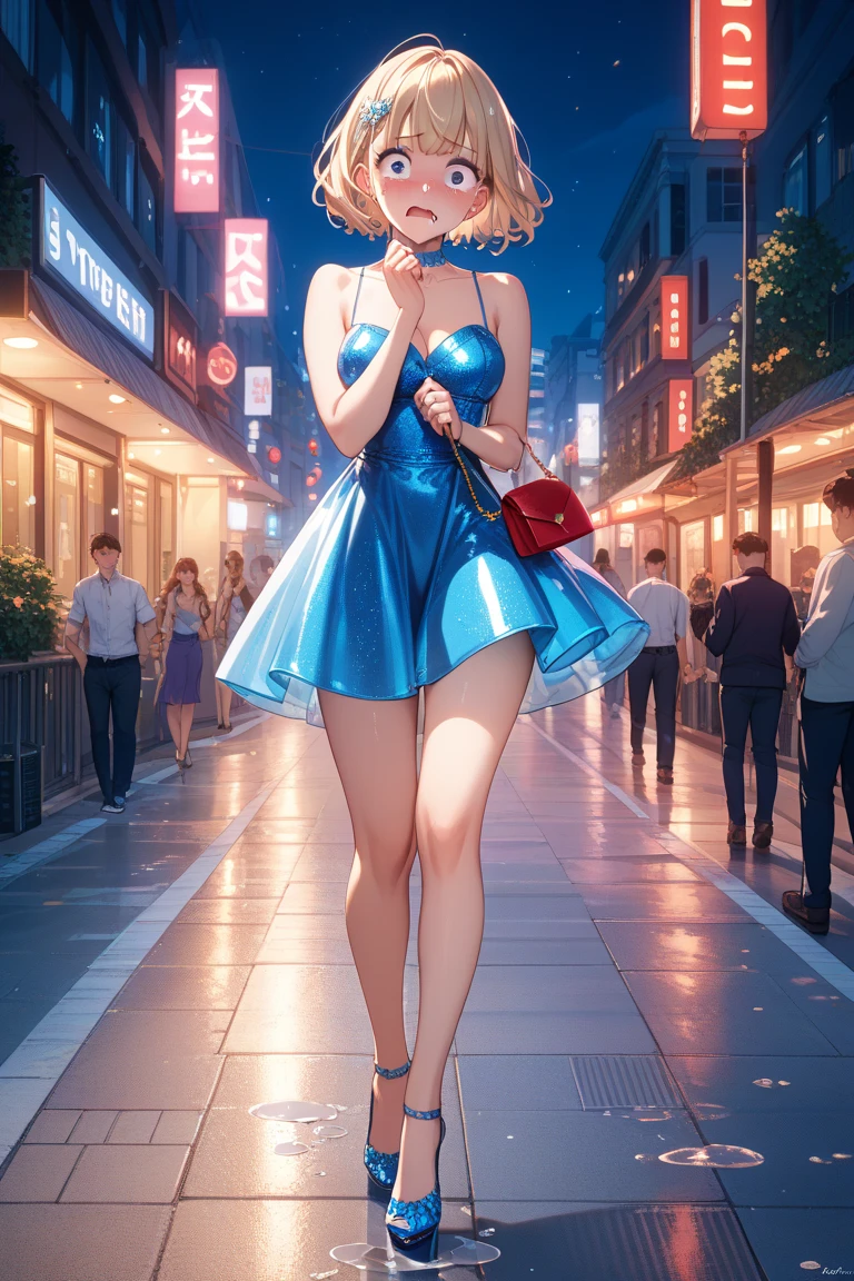 sexy anime-style elegant woman in her 30s, wearing a very short tight blue mini dress, walking on a city sidewalk at night after attending a wedding after-party, holding a stylish handbag, legs tightly pressed together, liquid visibly streaming down her bare legs from under her dress, forming a puddle at her feet, wearing high heels, face flushed deep red, teary eyes, half-crying expression, hands covering her face in extreme embarrassment, surrounded by shocked passersby staring at her, full body, highly detailed, dramatic anime lighting, nighttime urban background