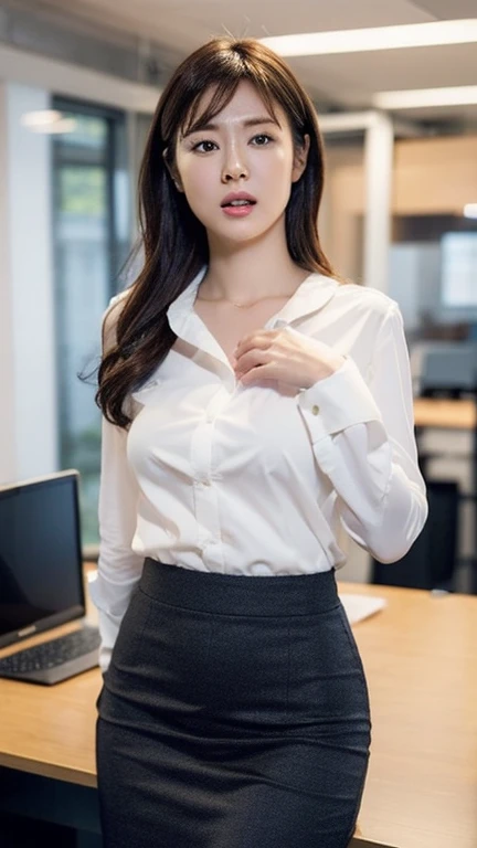 masterpiece, One beautiful mature lady, Detailed eyes, Swollen eyes, Highest quality, (reality: 1.4), Original photo, One girl, Cinema Lighting, Japanese, Asian Beauty, Korean, Very beautiful, 35 yo, Beautiful skins, slender, very slim thighs, small butt, long legs, black pantie stocking, Front facing body, (High resolution), (8k quality), (Very detailed), (Best illustrations), (Beautiful and detailed eyes), (Ultra-detailed), Detailed face, Looking at the audience, Look straight ahead, white tight business shirt, high_pressure_of_breasts, navy_blue tight skirt,white lace lingerie, Black-hair, in the school Class room, after class, a boy, pantyhose, sit on the desk, erotic mood, show_off thighs, show_off long legs, focus thighs