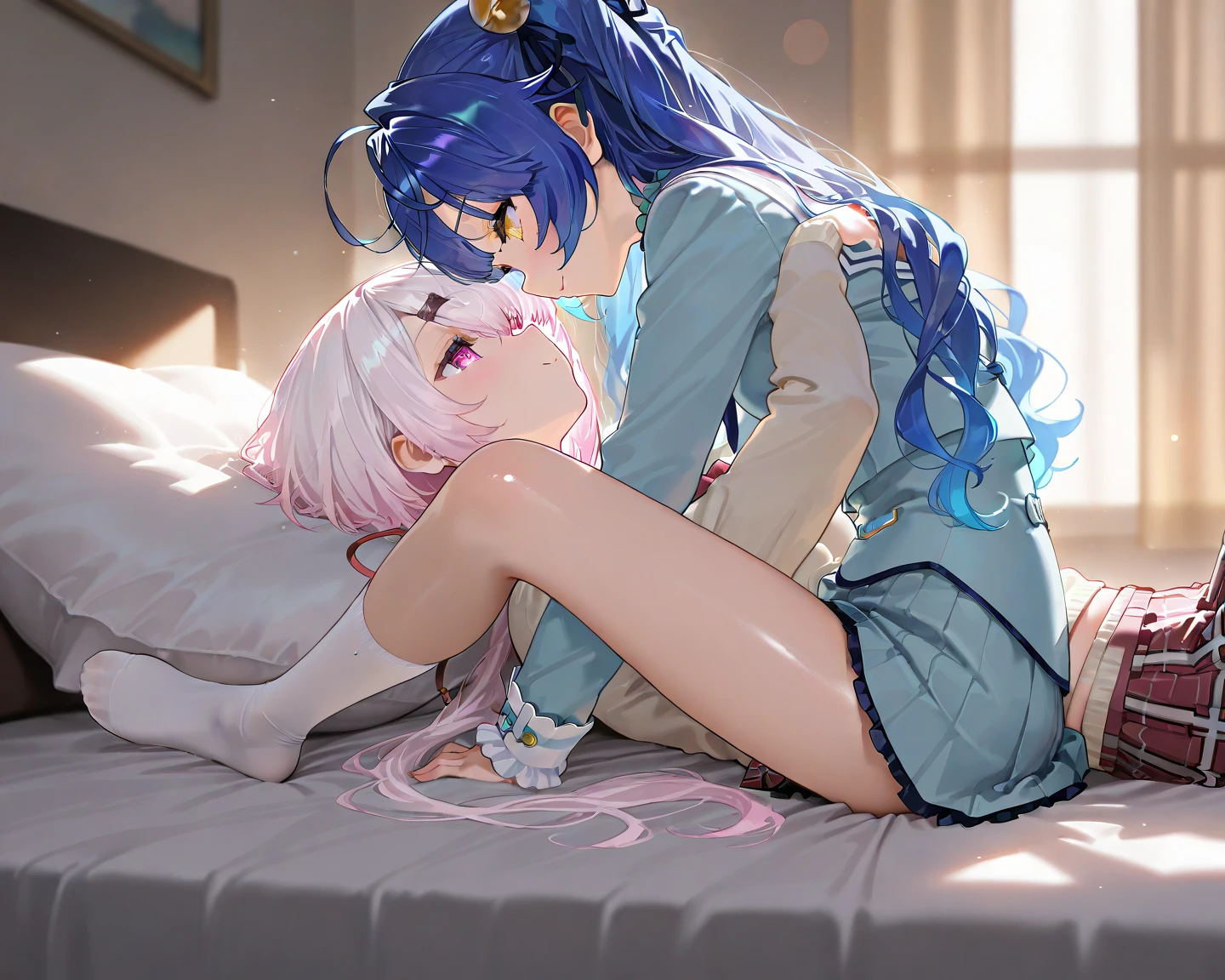 highest quality、masterpiece、in high resolution、very detailed、8K、two girls、cute、anime、clear white skin、functional、whole body、、14、(Hair color is shiny light pink)、cute夏用パジャマ、On a beautiful and cute bed、Kiss me good morning、while sleeping、embarrassing pussy masturbation Pussy Completely naked spread your legs Toro face masturbationしあう masturbationしてイク顔 Pussyに物をいれる