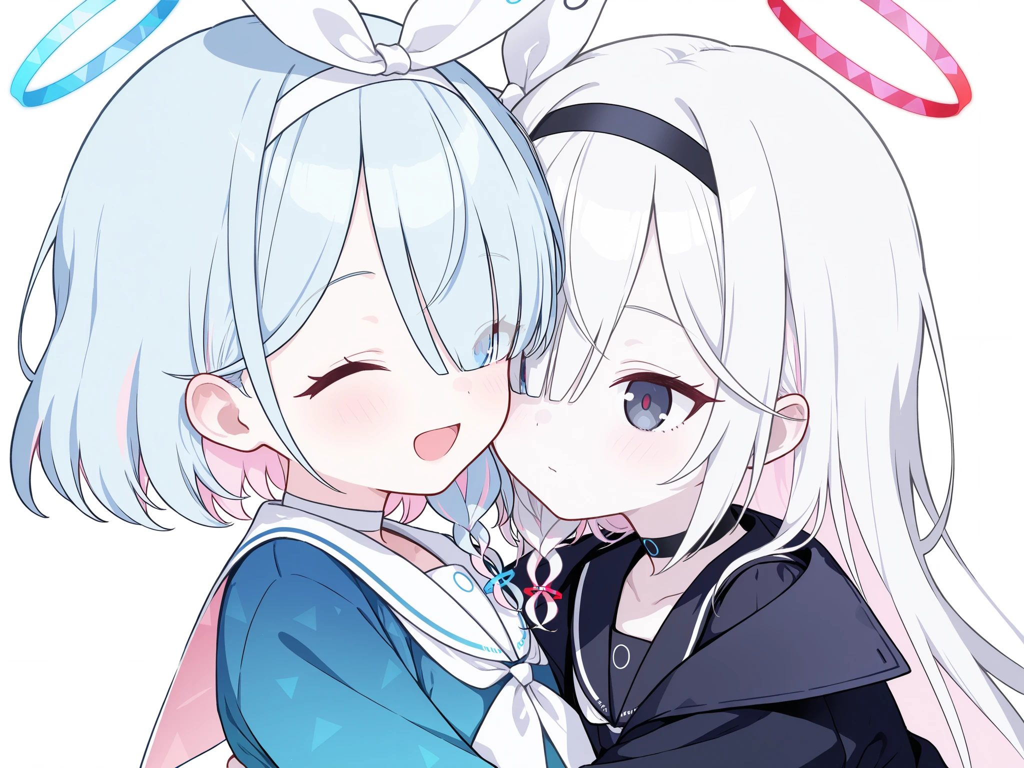 Plana\(blue archive\) , uniform,{{{best quality}}}, {{ultra-detailed}}, {illustration}, {{an extremely delicate and beautiful}}, alona\(blue archive\),hug,happy,uniform,yuri,