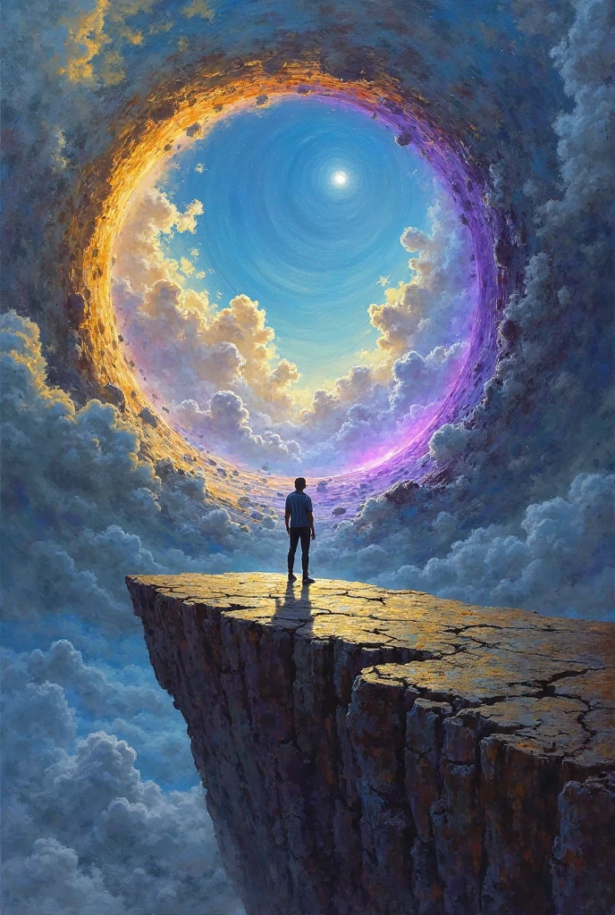 “A lone figure standing at the edge of a floating cliff, staring into a colossal dimensional portal made of ancient stone, suspended in a sky full of swirling clouds and golden rays. Behind the figure, a surreal landscape fades into shadows, while the portal glows with intense blue and purple light, as if inviting the viewer to cross. The scene is painted in vivid oil cubist style, dramatic lighting, powerful composition, mysterious sci-fi atmosphere, metaphor of breaking mental barriers and entering a new reality.”