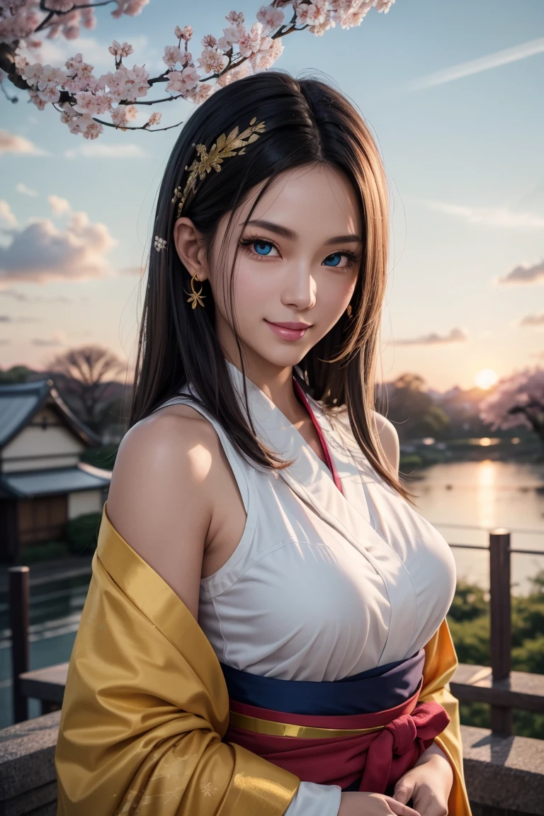 No.18,Dragon Ball Z,One-length hair,beautiful white blond hair, beautiful blue eyes ,PINK LIPS,white skin,in a sakura-colored kimono studded with beautiful gold leaf,smile,ultra-high image quality of processing,super quality,masterpiece,dslr,photorealistic, Detailed Details,Vivid details,detailed,Detailed face, Detailed Details,Super Details,realistic skin texture, colorful candy room ,perfect anatomy,anatomically correct hands,anatomically correct finger,complex 3d rendering,Mysterious cherry blossom blizzard,sunset,Beautiful Dusk,Beautiful Scenery of Japan,Hair fluttering in the breeze,Beautiful like a painting,takes pictures of Hirose's whole body,9 heads,