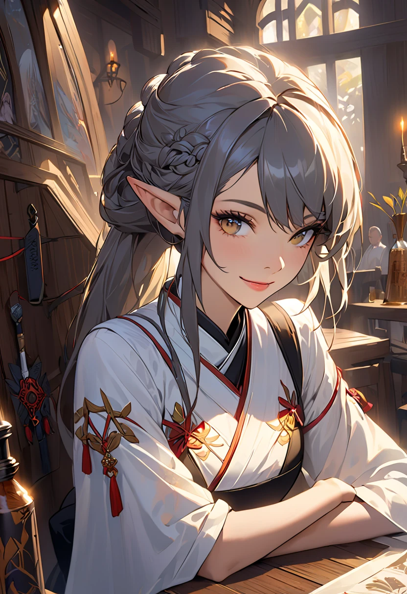 top quality,masterpiece,masterpiece portrait,intricate details,Magnificent Light,fantasy,Retro, Priest ,Dark Elf,1 girl, wooden table,tavern,gray skin,Elegant smile,squint, Close Up Portrait of a Woman Drawn Man Wearing Gold Jewelry, Spider:0.9, web:1.0, fantasy,  volumetric lighting, concept art, Brush Stroke Style, Art Station, trend, very detailed, by Greg Rutkowski