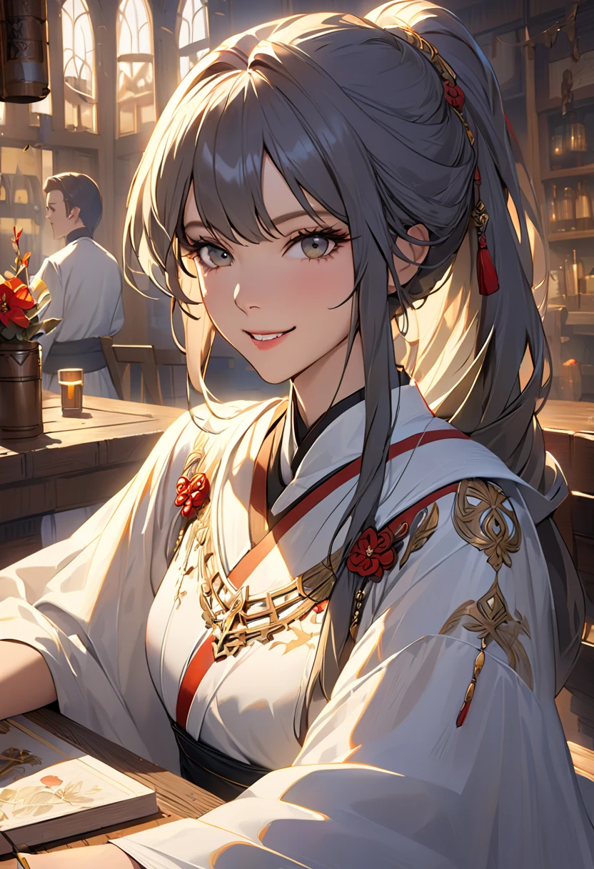 top quality,masterpiece,masterpiece portrait,intricate details,Magnificent Light,fantasy,Retro, Priest ,Dark Elf,1 girl, wooden table,tavern,gray skin,Elegant smile,squint, Close Up Portrait of a Woman Drawn Man Wearing Gold Jewelry, Spider:0.9, web:1.0, fantasy,  volumetric lighting, concept art, Brush Stroke Style, Art Station, trend, very detailed, by Greg Rutkowski