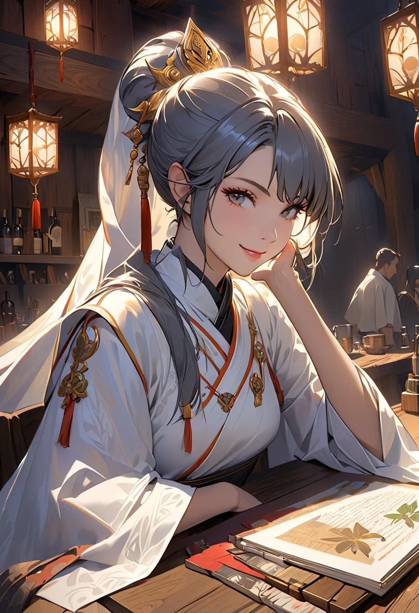 top quality,masterpiece,masterpiece portrait,intricate details,Magnificent Light,fantasy,Retro, Priest ,Dark Elf,1 girl, wooden table,tavern,gray skin,Elegant smile,squint, Close Up Portrait of a Woman Drawn Man Wearing Gold Jewelry, Spider:0.9, web:1.0, fantasy,  volumetric lighting, concept art, Brush Stroke Style, Art Station, trend, very detailed, by Greg Rutkowski