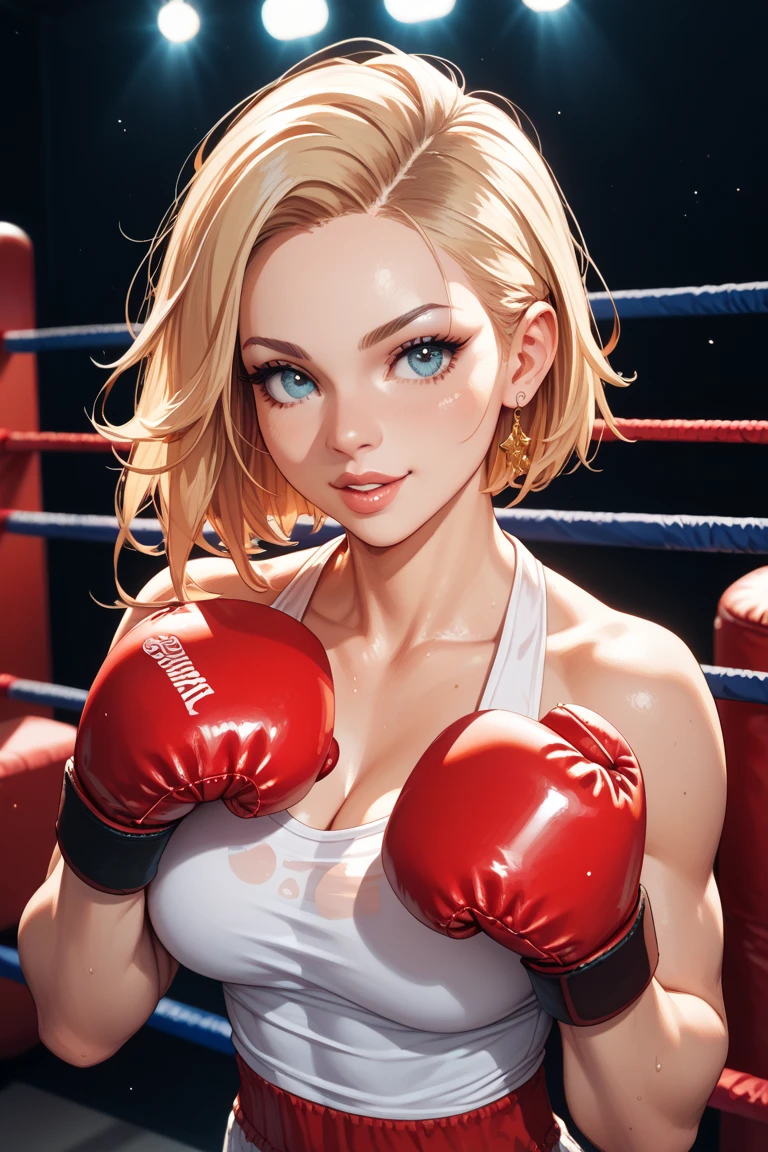 （（（完美shape，shape，alone， （（（Calvin Klein gray underwear:1.9、Pearl Necklace、Earrings））），（（（AND18, Android 18, Blonde, blue eyes, short hair, ））），((masterpiece)),High resolution, ((Best quality at best))，masterpiece，quality，Best quality，Cinematic lighting、（（（Detailed face、Detailed eyes、 Exquisite facial features，Looking at the audience,There is light in the eyes，(（（anger、cool））)，））），型shape:1.7））），（（（Light and shadow，Huge breasts））），（（（Looking away:1.9，The place is a training gym）））((Sweat:1.5))、Low - Angle、Cowboy Shot、Shadow boxing gestures、steam
