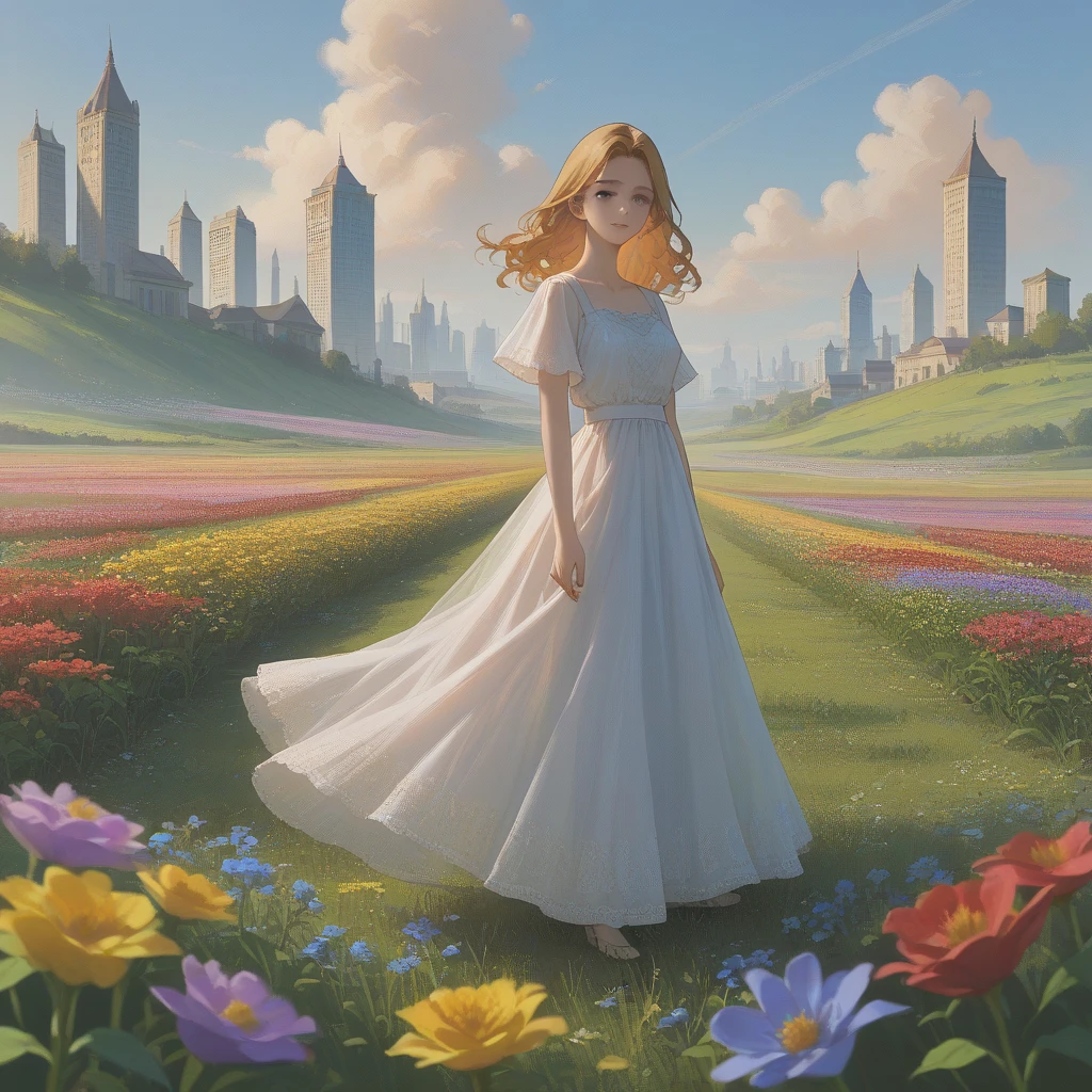  highdefinition images 、 Flower fields in the Swiss Highlands 、  Best Picture  、 A plateau with a fresh breeze 、 Magical beings hidden in the prairie and mysterious colorful flowers 、 8k(  High Quality Seven Colored Flowers  ) A plateau full of fantasy、 A refreshing plateau landscape image。You can see the cityscape under the plateau。