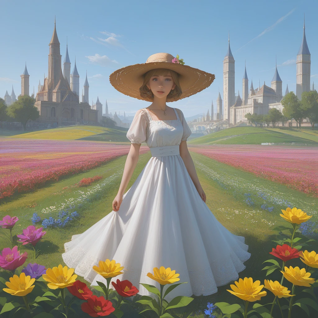  highdefinition images 、 Flower fields in the Swiss Highlands 、  Best Picture  、 A plateau with a fresh breeze 、 Magical beings hidden in the prairie and mysterious colorful flowers 、 8k(  High Quality Seven Colored Flowers  ) A plateau full of fantasy、 A refreshing plateau landscape image。You can see the cityscape under the plateau。