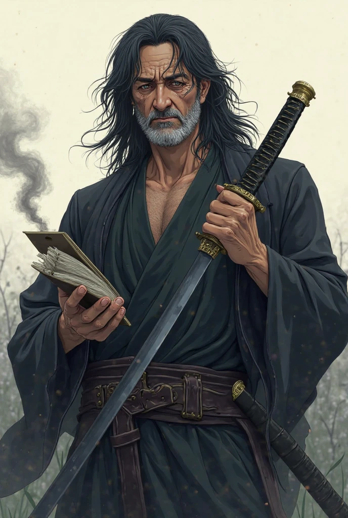 Man standing tearfully, black long-haired ager in right hand holding samurai sword, left hand holding notebook in stuck smoking mouth wearing Japanese anime suit
