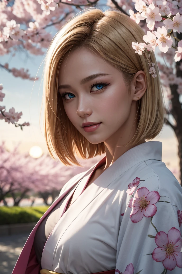 No.18,Dragon Ball Z,One-length hair,beautiful white blond hair, beautiful blue eyes ,PINK LIPS,white skin,in a sakura-colored kimono studded with beautiful gold leaf,smile,ultra-high image quality of processing,super quality,masterpiece,dslr,photorealistic, Detailed Details,Vivid details,detailed,Detailed face, Detailed Details,Super Details,realistic skin texture, colorful candy room ,perfect anatomy,anatomically correct hands,anatomically correct finger,complex 3d rendering,Mysterious cherry blossom blizzard,sunset,Beautiful Dusk,Beautiful Scenery of Japan,Hair fluttering in the breeze,Beautiful like a painting,takes pictures of Hirose's whole body,9 heads,