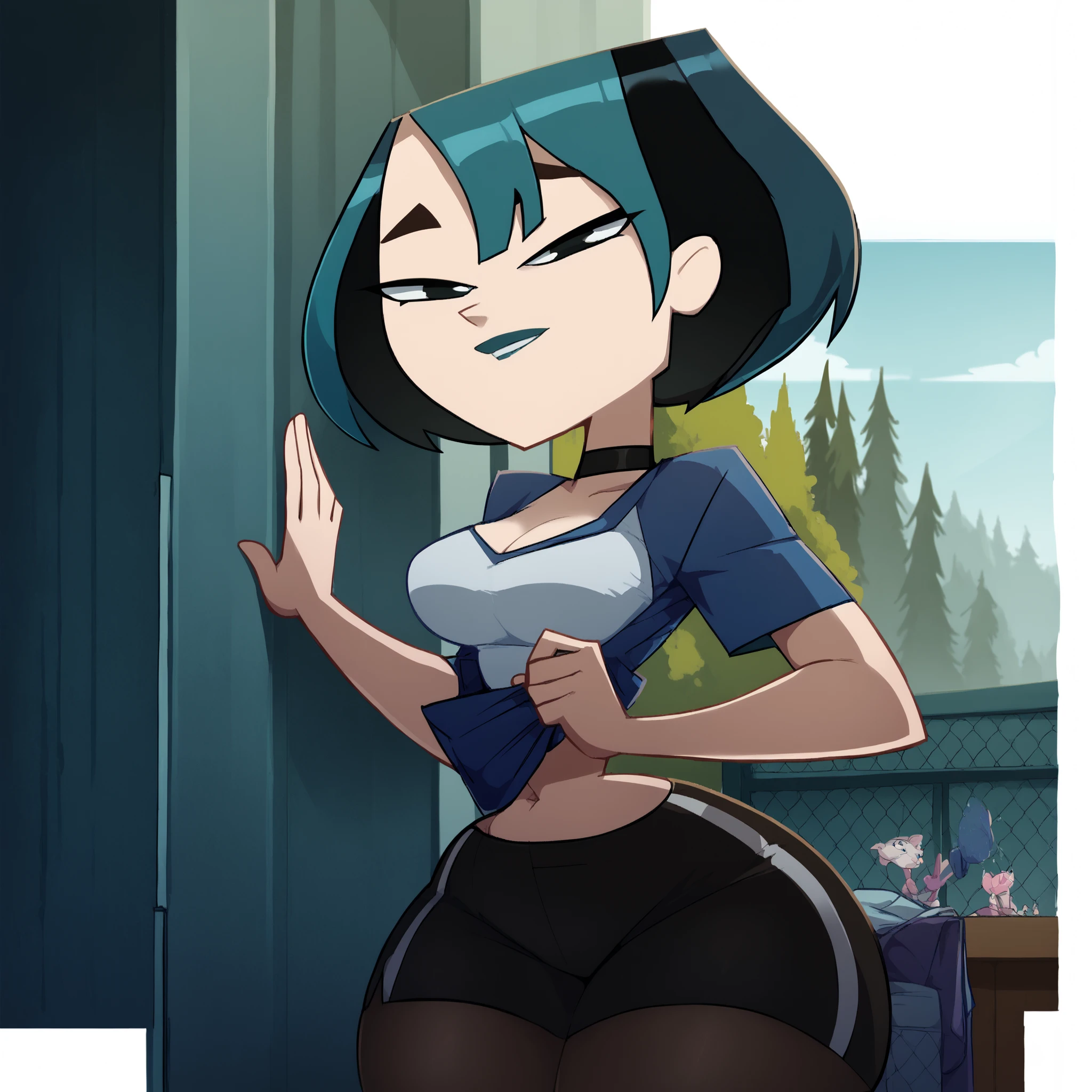Curvy blue eyed girl with long wavy black hair and small breasts, (extreme_nsfw), lewd, smug, torn clothing 