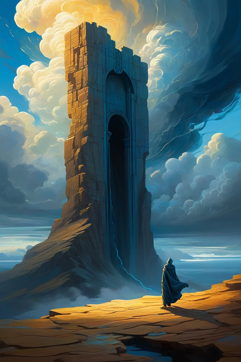 “A solitary humanoid figure standing at the edge of a floating cliff in the sky, with an hourglass for a head, filled with golden sand slowly running down. The figure wears a flowing cloak that flutters in the wind. In front of them, a massive ancient stone portal levitates, crackling with glowing blue energy and separating two dimensions—one dark and chaotic, the other radiant and full of clouds. The sky is swirling with dramatic storm clouds and shafts of light. The whole scene is painted in vivid oil cubist style, with bold colors and surreal composition. Symbol of time, transformation, and the decision to transcend one’s limitations.”