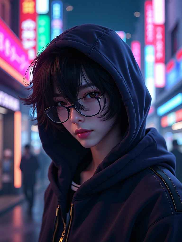 Cyberpunk，1 boy，(((Reality Photos)))，Beautiful boy, beautiful downtown
Real live action、CG，black haired wolf、(glasses)、 美少年 美形 Cyberpunk、hoodie、looks sleepy、(hacker)