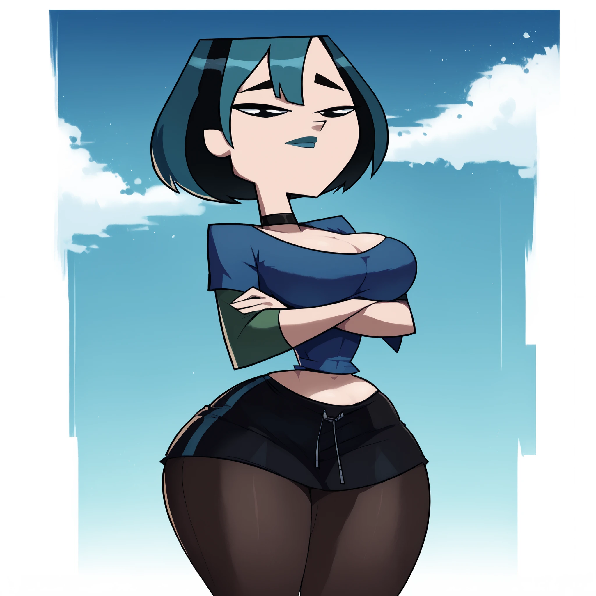 (8k, RAW photo, best quality, masterpiece:1.2), (intricate details), perfect eyes, perfect face, perfect lighting, beautiful, (masterpiece:1.2), (best quality:1.2), 1girl, cartoon style, gwentdi, solo, black eyes, face portrait, look at the viewer, potbelly, plump, chubby, fat, overweight, bloated belly, round belly, huge belly, belly rolls, belly hang, black top, thong, exposed navel