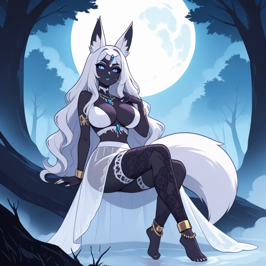 [kindred], [Uploaded to e621.net; (Pixelsketcher), (foxovh), (fluffkevlar)], [Uploaded to twitter.com; (@senip)], ((masterpiece)), ((HD)), ((high res)), ((solo portrait)), ((low-angle view)), ((feet visible)), ((anthro lamb)), ((detailed fur)), ((intricate details)), ((detailed soft shading)), ((beautiful render art)), ((mythical art)), {anthro lamb; (feminine figure), (white body fur), (fluffy white hands), (black feet), (black mask), long white hair, (cute blue eyes), (glowing eyes), (sharp white claws), (small boobies), (curvy hips), (thick thighs), (beautiful legs), (beautiful feet), (hooved toes)}, {(nude), (navel)}, {(intimidating), (cute stance), (squatting over viewer), (looking at viewer)}, [background; (woods), (trees), (nighttime), (starry sky), (ambient lighting), (purple backlight), (purple highlights on character's body)]