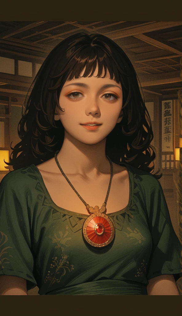 1 menina, Solo, Long hair, Seios, High resolution, Riso, brown hair, Fringe between the eyes, Jewel, Anime, American plan, Naughty face, Contained laughter, oriental, anime style 