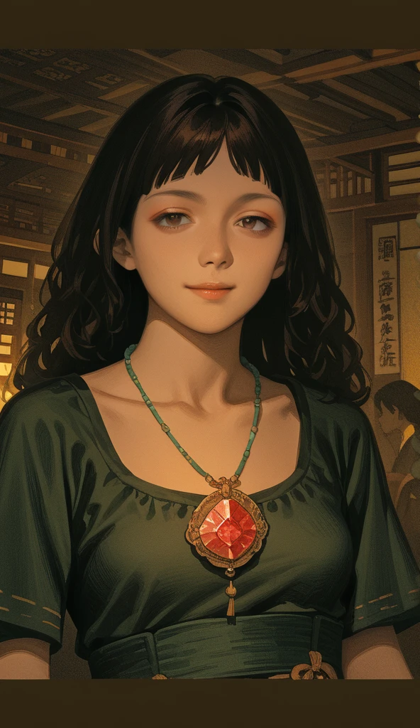 1 menina, Solo, Long hair, , High resolution, Riso, brown hair, Fringe between the eyes, Jewel, Anime, American plan, Naughty face, Contained laughter, oriental, anime style 