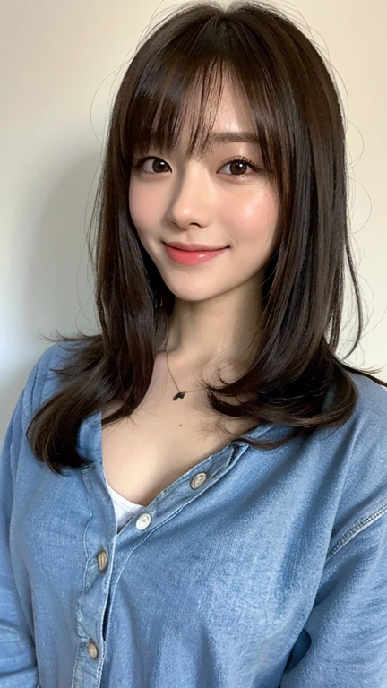 randome pose、top-quality、超A high resolution、(Raw photography、top-quality、​masterpiece、realisitic、Photorealsitic:1.7)、女の子1人、Dark blue sweater、(Brown hair:1.2)、(huge-breasted:1.2)、Pasture、looking at viewert、Gently smiling face