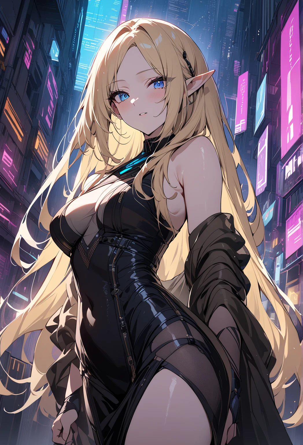 Blonde hair and blue eyes Long Hair Elf Big Breasts Wet Black bodysuit erotic beauty cute highest quality Scared Vigilance Dark Room night black tights Thief get caught Hanged