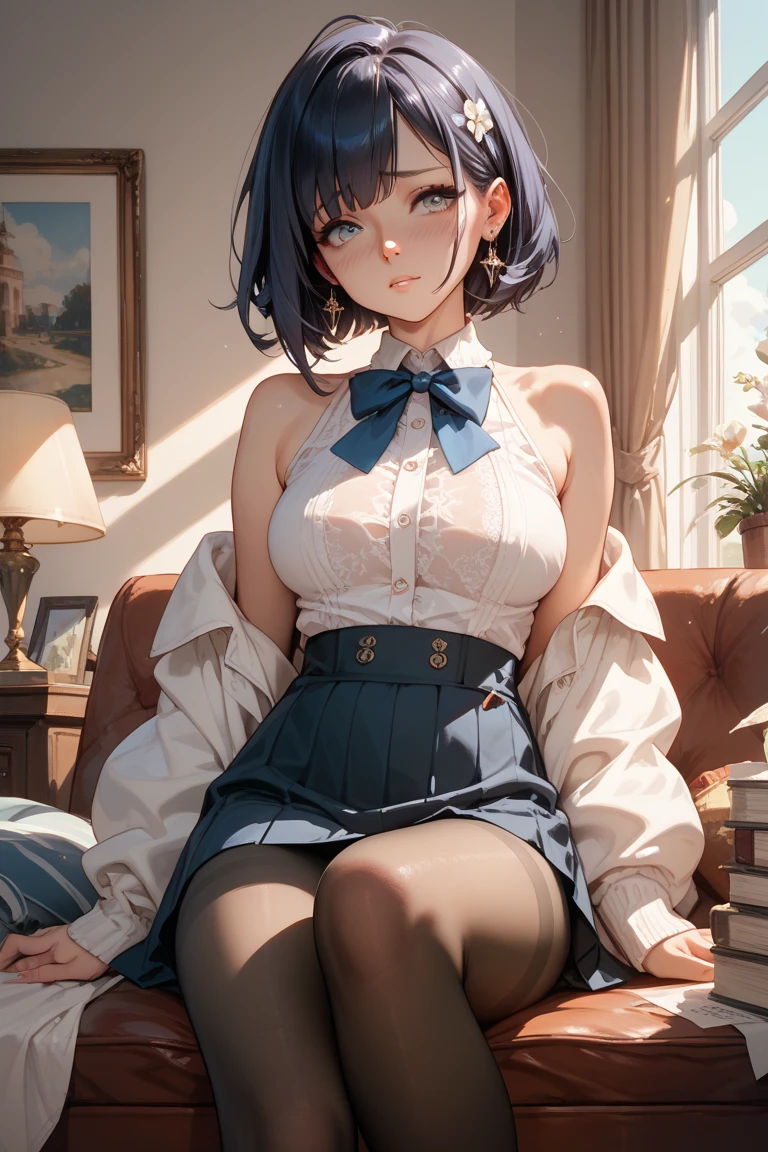 Ultra realistic 8K CG, picture-perfect face, perfect, clean, masterpiece, professional artwork, famous artwork, perfect face, beautiful face, beautiful eyes, (((perfect female body)), big, solo, ,skirt,,blush,seductive look,extremely detailed_eyes,thick thighs,room,(gray hair)), short hair, beautifully detailed background, depth of field,, BDSM, skindentation, full body, shirt, pantyhose