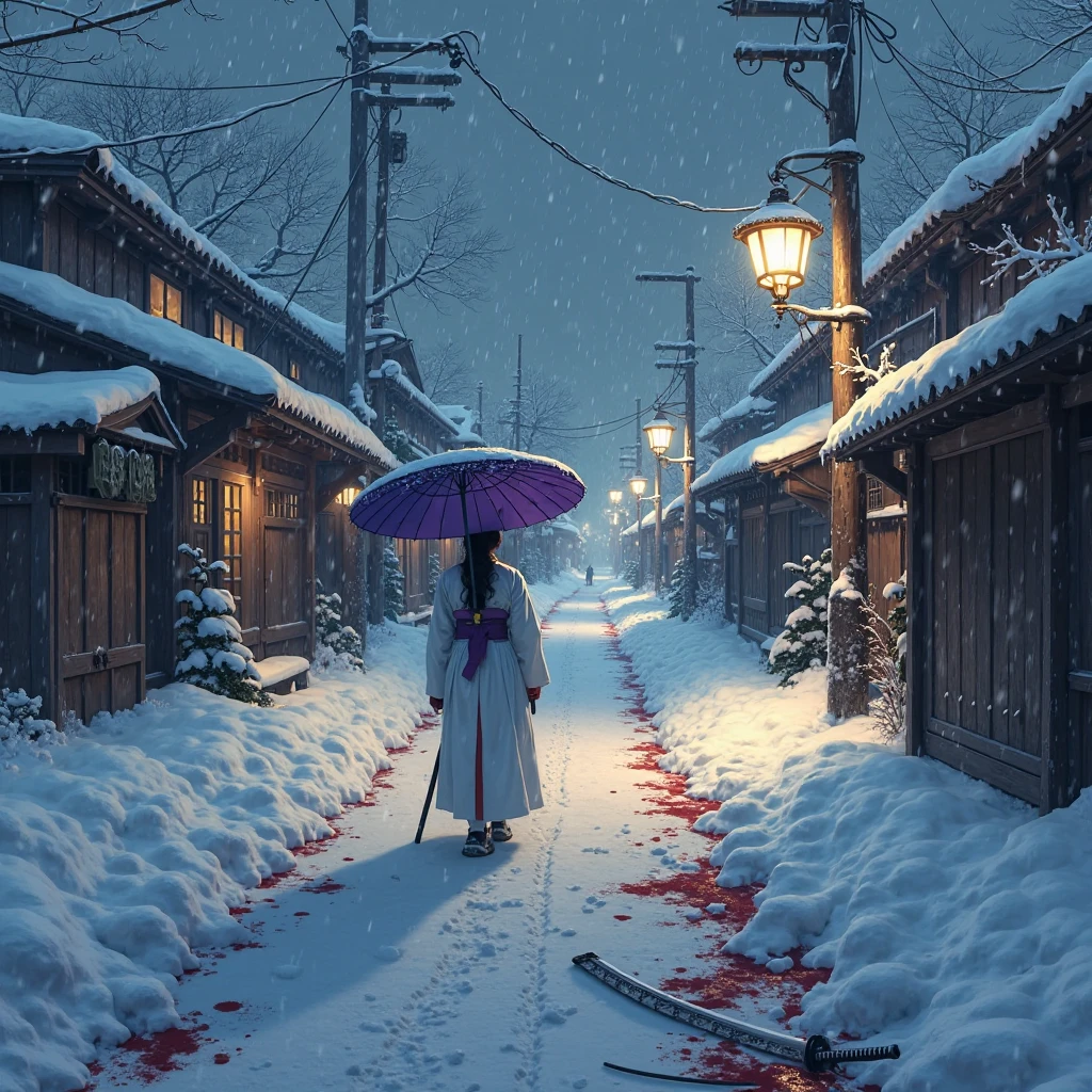 "Snow-covered Japanese street at night, lit by an old lamppost. Heavy snow falls from the dark sky. A lone figure in a traditional white kimono and holding a purple umbrella walks down the path. Blood is splattered across the snow, staining it crimson from a recent violent samurai battle. Swords and broken armor are half-buried in the snowdrifts. Dark, atmospheric, cinematic composition, with strong contrasts between the pure white snow and vivid red blood. Realistic style, inspired by classic samurai films, moody and haunting."