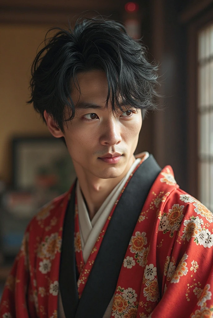 (best quality, masterpiece, ultra detailed, ultra high res, photorealistic, raw photo, absurdres, absolutely resolution) , Zooming in and fixed shot, a age Japanese male idol in a kimono is lost in thought, A age Japanese male idol is lost in thought with a serious expressionon