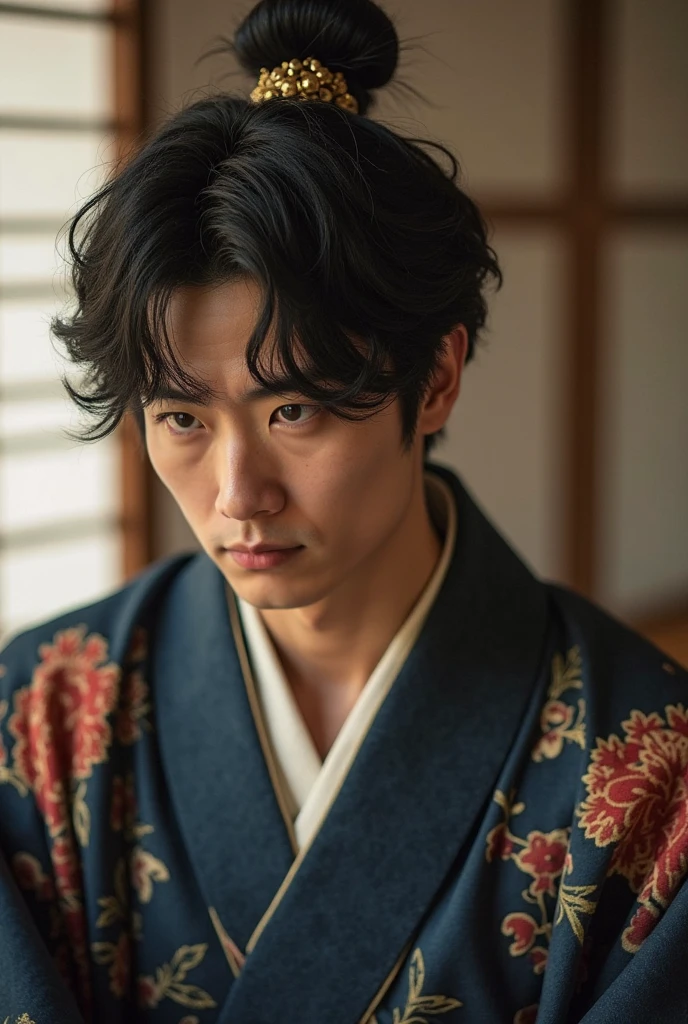 (best quality, masterpiece, ultra detailed, ultra high res, photorealistic, raw photo, absurdres, absolutely resolution) , Zooming in and fixed shot, a age Japanese male idol in a kimono is lost in thought, A age Japanese male idol is lost in thought with a serious expressionon