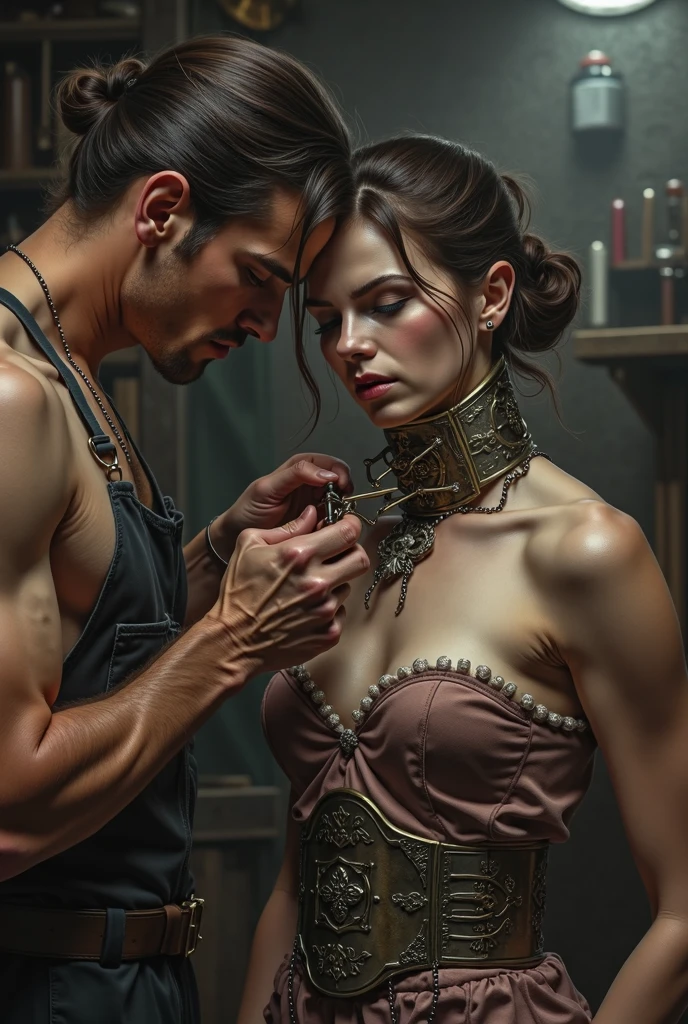 Collaring metal collar slave girl on blacksmith 