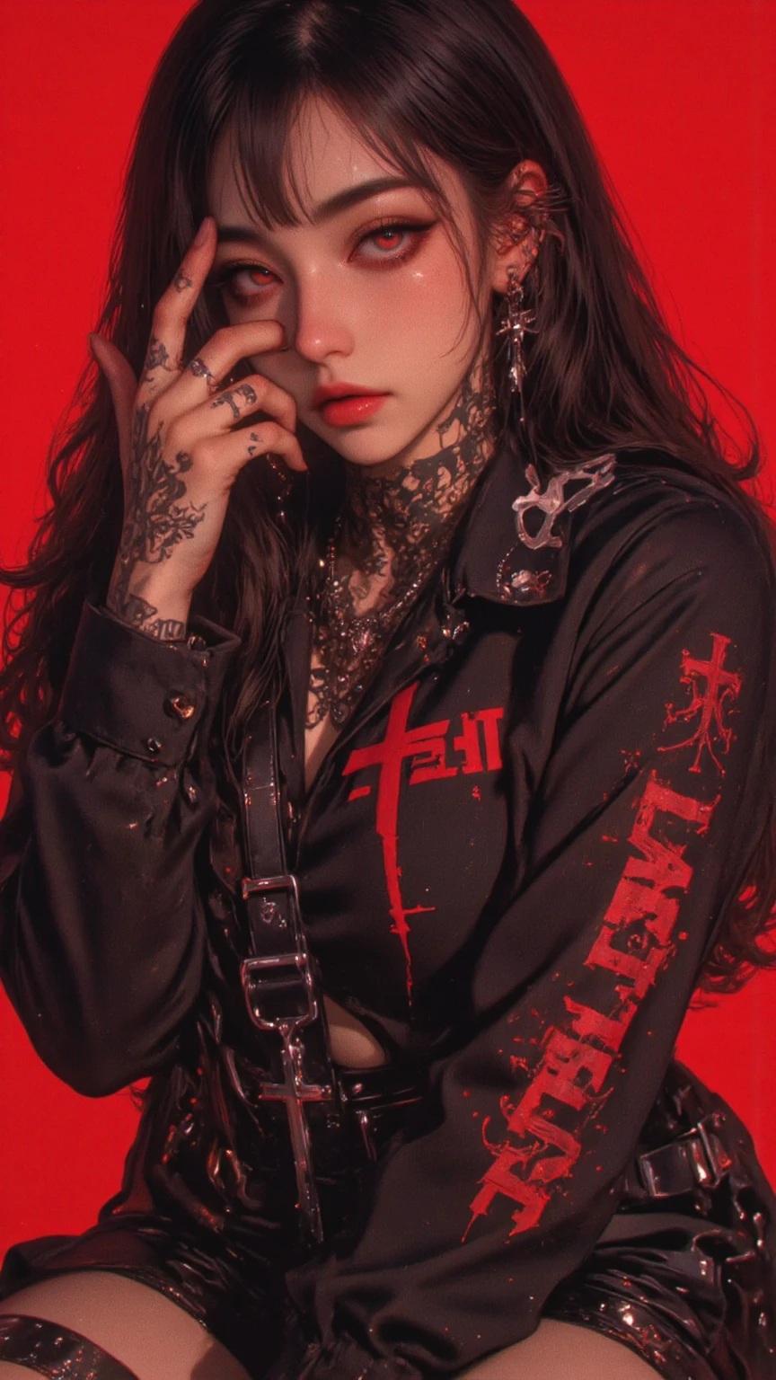 Stylized portrait of a woman with demonic appearance against a vibrant red background. She has long, straight black hair, straight bangs, and curved horns protruding from her head. Her eyes are red and her skin is pale. She wears a black outfit that exposes her shoulders. There's an inverted cross earring on her pointed ear. Her expression is serious and seductive, with full, parted lips. The artistic style is a blend of anime and realistic digital art, with contrasting black and red colors dominating the composition.