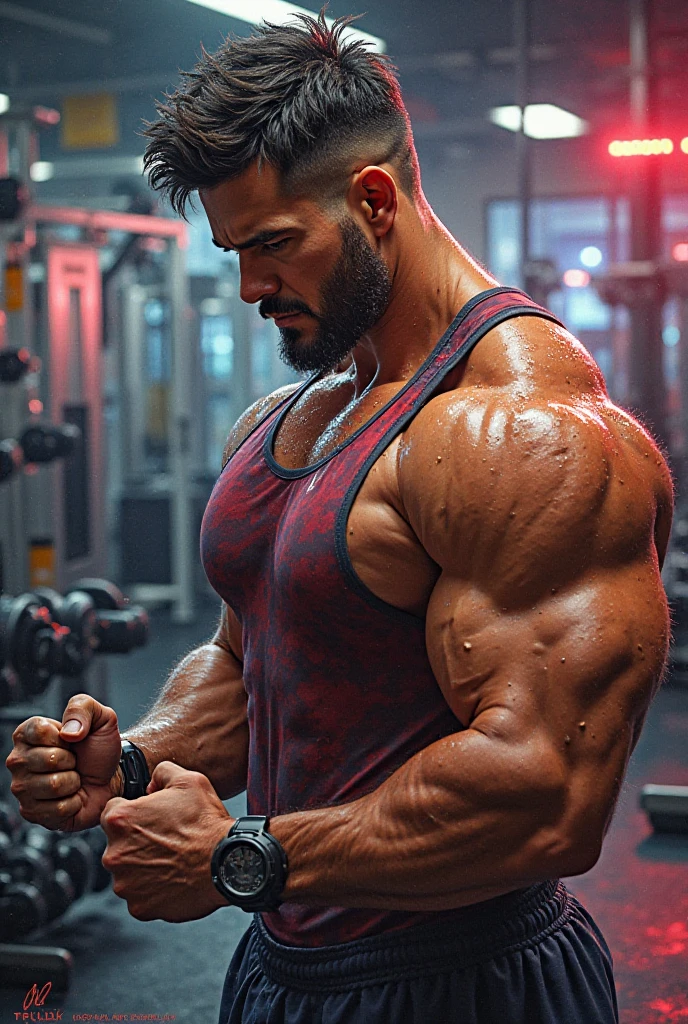 Eduardo training intensely at a weight training gym called skyfit, focused, sitting on the bench after high-load repetitions. Eduardo is preparing for the Mr event. Olympia 2024, which will be in October and says he will be top 1 champion in the classic physique category.