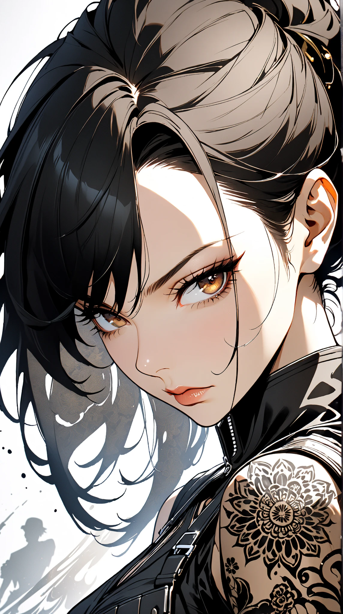 ck-mgs Style, nistyle, 宣紙上的Ink Print 藝術,  dark brown , Henna, Silhouette Art , gorgeous, Ink Print , closeup portrait, Female Space Pirate, Gangster, in, Bodyweight Arm, with flowing black hair, Reflection Art, gorgeous, Ink Print , closeup portrait,  Downward-top lens ， double hand insertion pocket ，Female Space Pirate, Gangster, in, Bodyweight Arm, with flowing black hair, 反光的黑色和霓虹紅色armor, armor, in, Shoot handsome poses