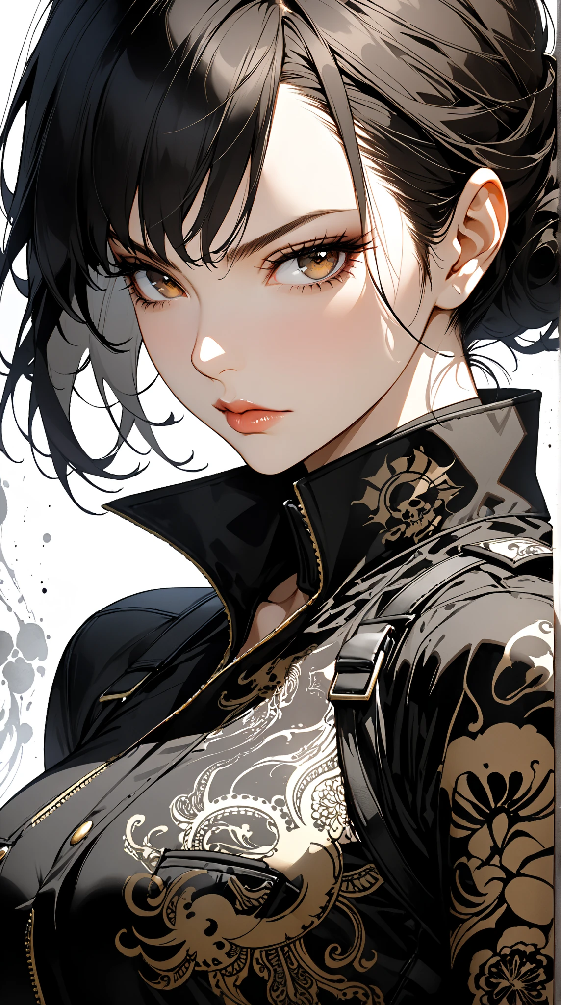 ck-mgs Style, nistyle, 宣紙上的Ink Print 藝術,  dark brown , Henna, Silhouette Art , gorgeous, Ink Print , closeup portrait, Female Space Pirate, Gangster, in, Bodyweight Arm, with flowing black hair, Reflection Art, gorgeous, Ink Print , closeup portrait,  Downward-top lens ， double hand insertion pocket ，Female Space Pirate, Gangster, in, Bodyweight Arm, with flowing black hair, 反光的黑色和霓虹紅色armor, armor, in, Shoot handsome poses