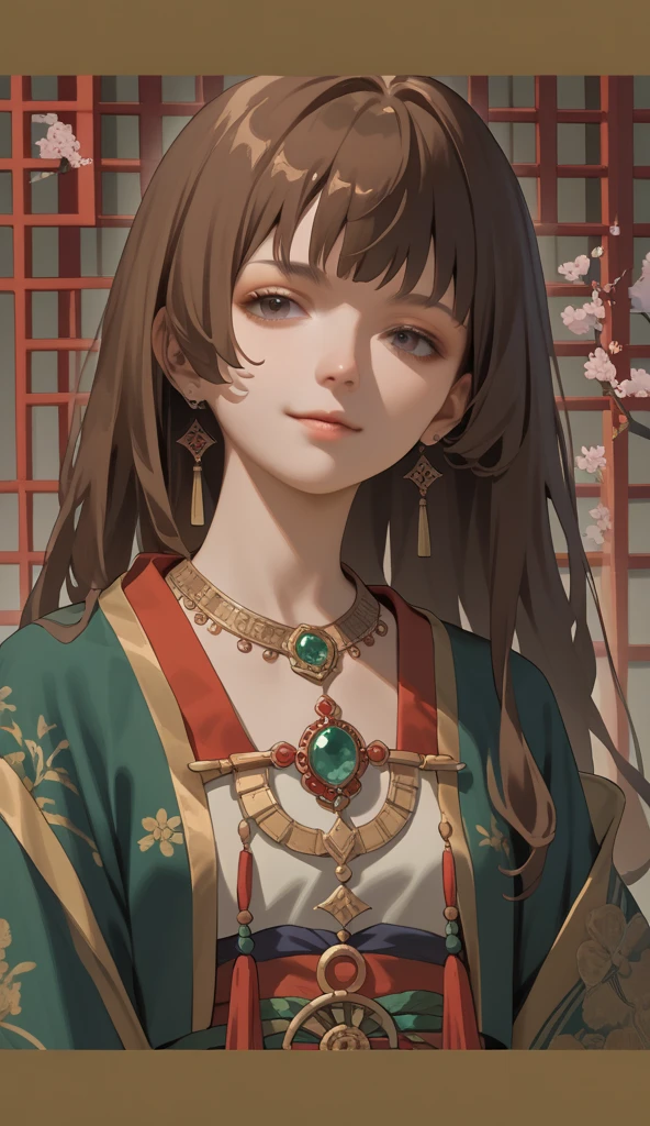 1 menina, Solo, Long hair, Seios, high resolution, Riso, brown hair, Fringe between the eyes, Jewel, Anime, American plan, Naughty face, Contained laughter, oriental, anime style 