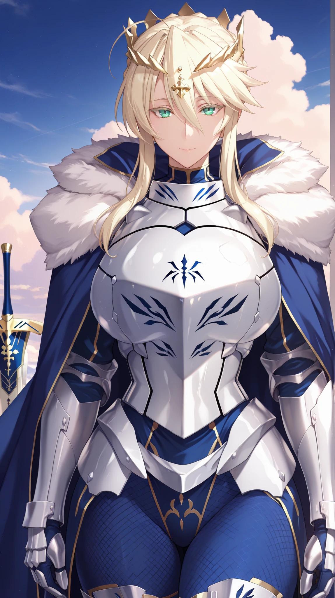 Masterpiece, SFW, very aesthetic, elegant mature woman, artoria pendragon (lancer) (fate), artoria Pendragon Armor, battle worn armor, breastplate,, visual novel cg style, breast armor (covered breasts) , full lace body tights, white armor , fur and blue cape armor , covered chest armor, Armor, , looking at viewer, slight smile, anime sky background, clouds,