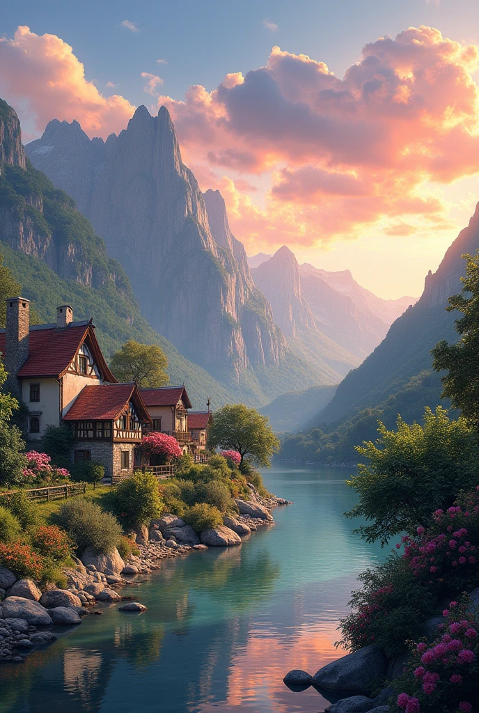 a small village by the river, mountains in the background, floral flowers colorful, detailed landscape, Beautiful natural landscapes, atmospheric lighting, scorching sunset, warm colours, practical, photopractical, Detailed Foliage, complex buildings, cobblestone street, Charming country house, swirly vibrant colors, lush vegetation, Still water reflections, Picturesque, idyllic, work of art, best qualityer, 8k, extremely detaild,anime styling