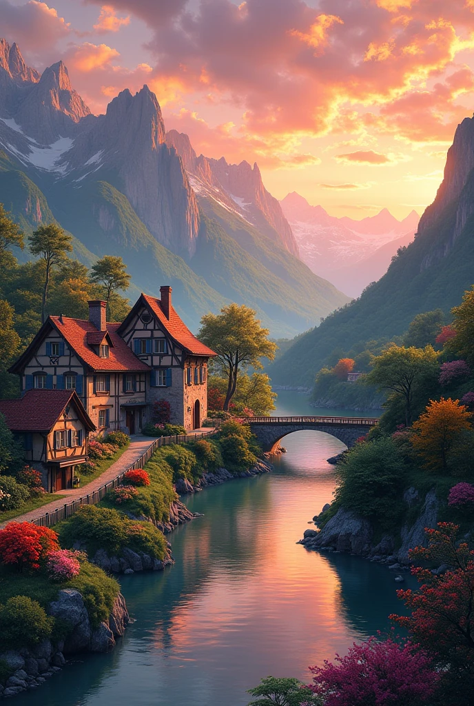 a small village by the river, mountains in the background, floral flowers colorful, detailed landscape, Beautiful natural landscapes, atmospheric lighting, scorching sunset, warm colours, practical, photopractical, Detailed Foliage, complex buildings, cobblestone street, Charming country house, swirly vibrant colors, lush vegetation, Still water reflections, Picturesque, idyllic, work of art, best qualityer, 8k, extremely detaild,anime styling