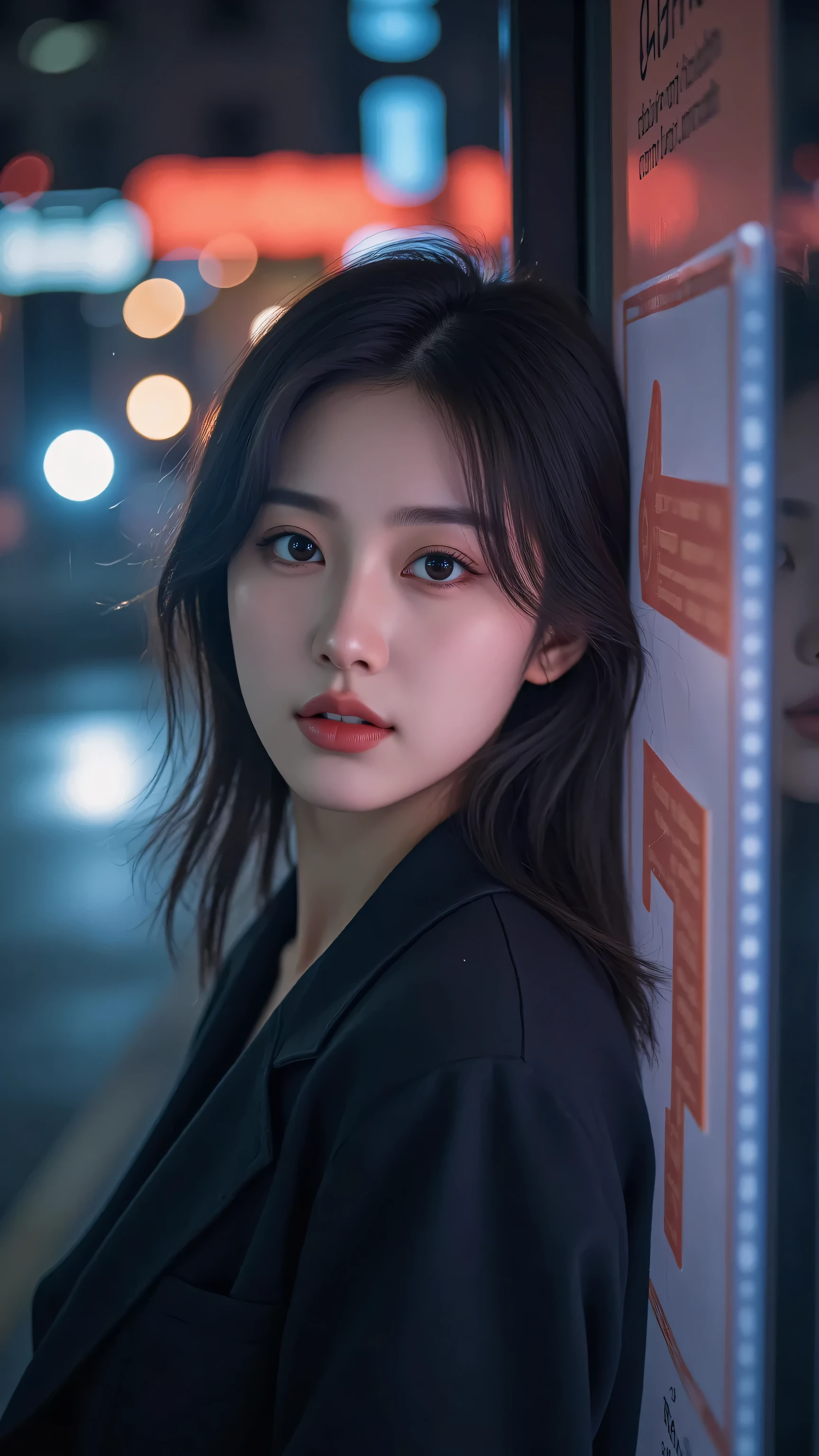 asian woman behind neon-lit glass, nighttime city street, reflections on glass, dreamy bokeh, cinematic lighting, deep colors, focused eyes, fashion editorial style